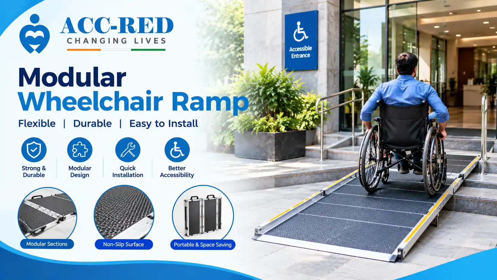 Modular wheelchair ramp with configurable sections and handrails