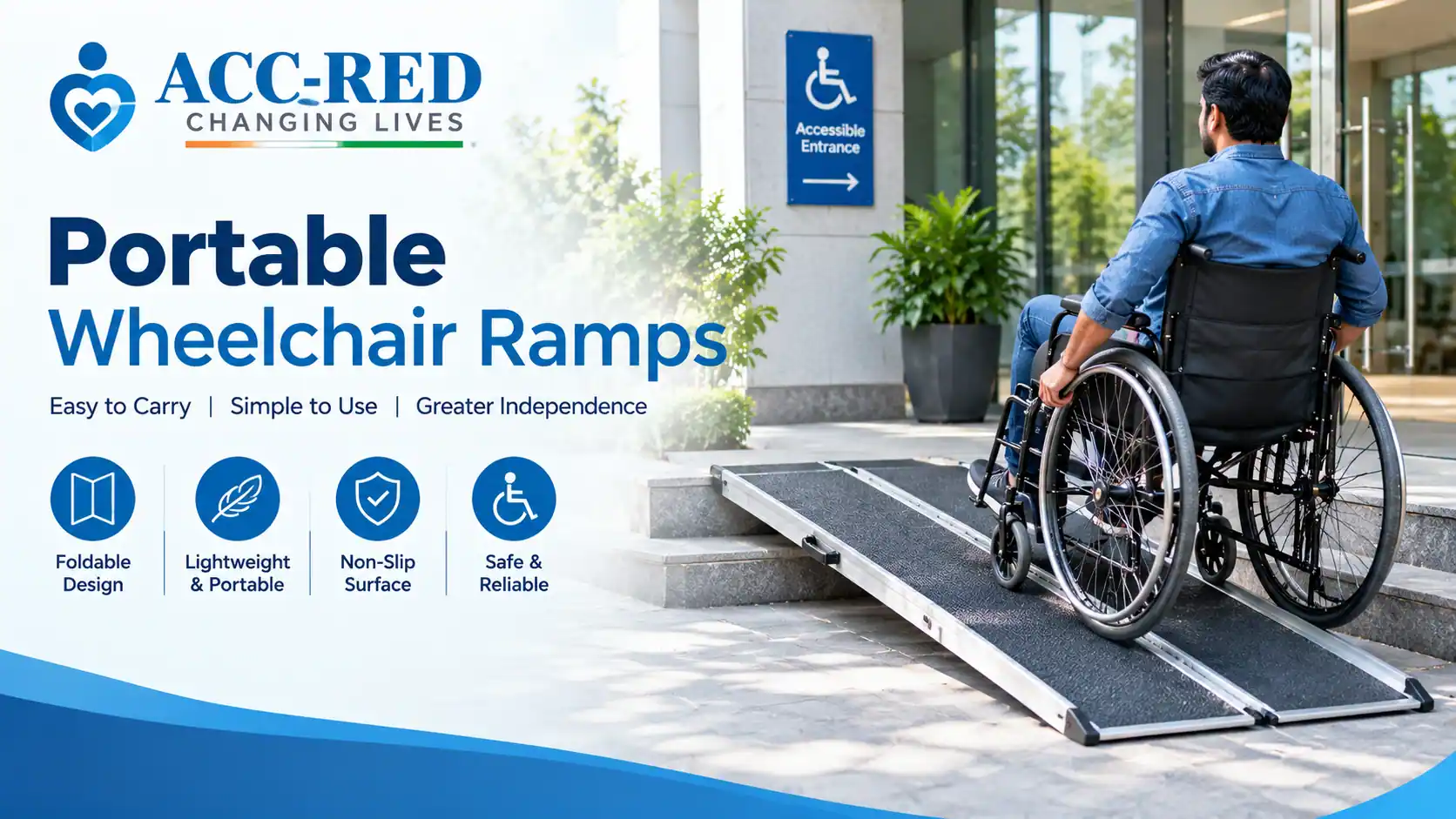 Portable wheelchair ramp providing access at a building entrance